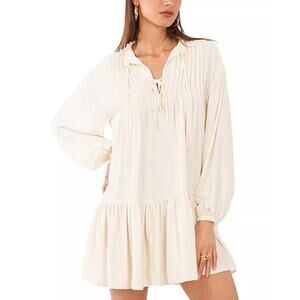 1.State White Split-Neck Pintuck-Front Trapeze Flouncy Ruffled Mini Dress Small